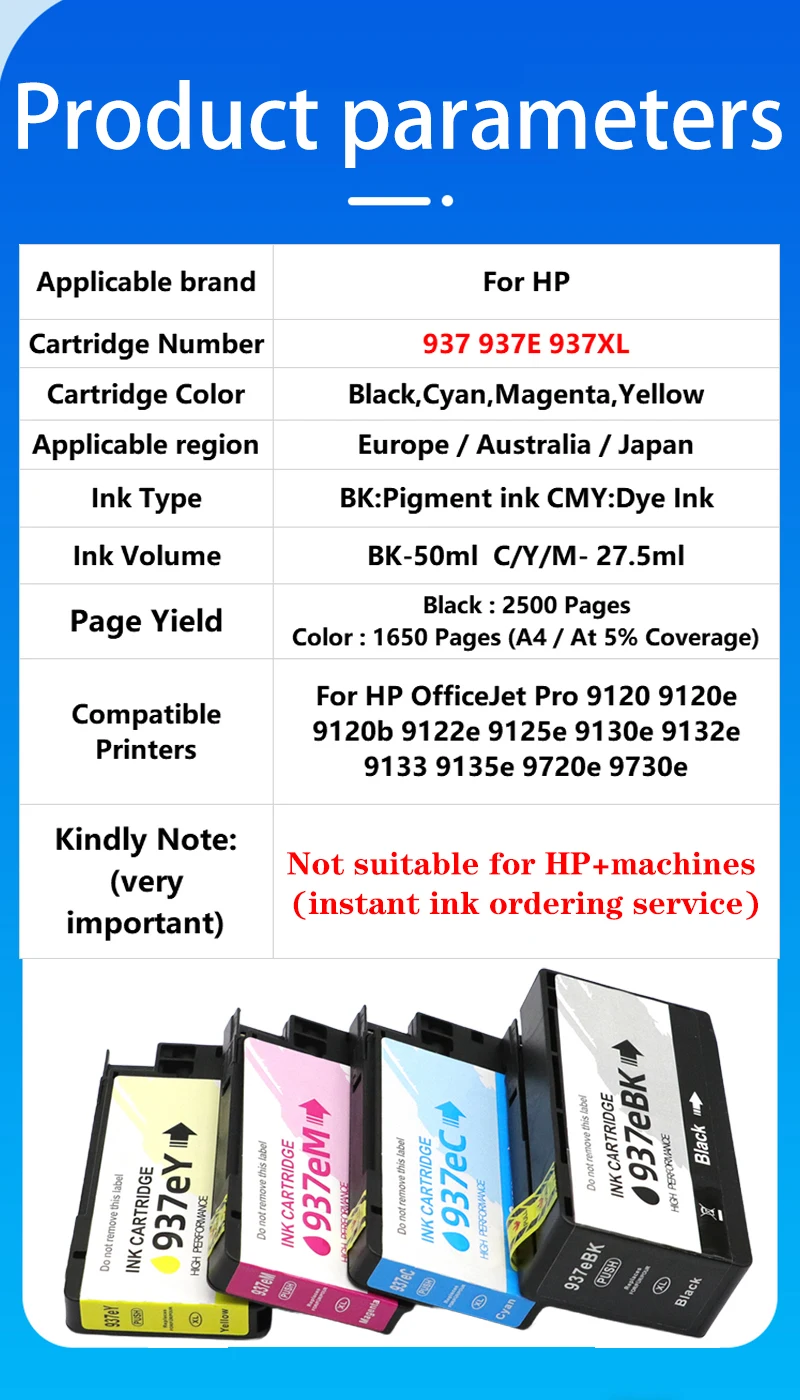 

For HP937 937 937E 937XL Ink Cartridge Compatible for HP Officejet pro 9120 9122 9123 9125 9130 9720 9730 Printer