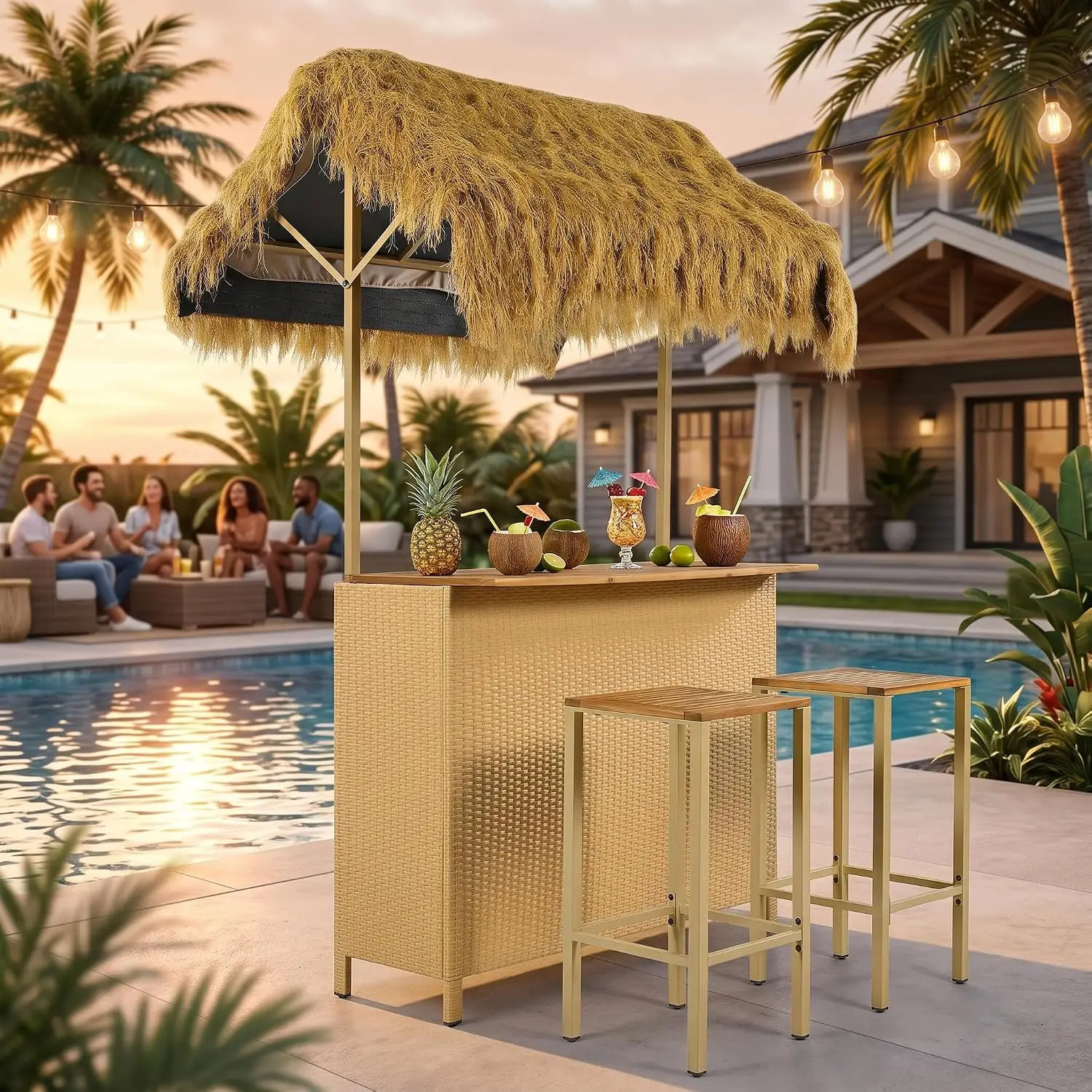 3-Piece Outdoor Bar Height Table & Stool Set Acacia Wood Metal Frame Thatched Roof Hidden Storage Backyard Pool, Customized