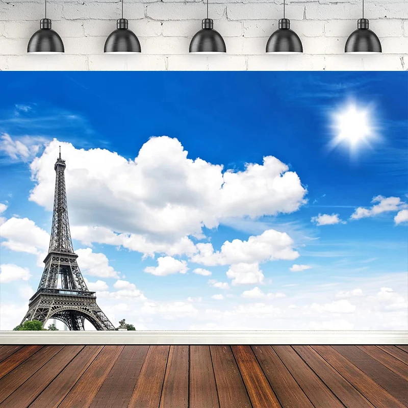 

Photography Backdrop Studio Paris Eiffel Tower Blue Sky White Clouds Photo Background Banner Poster