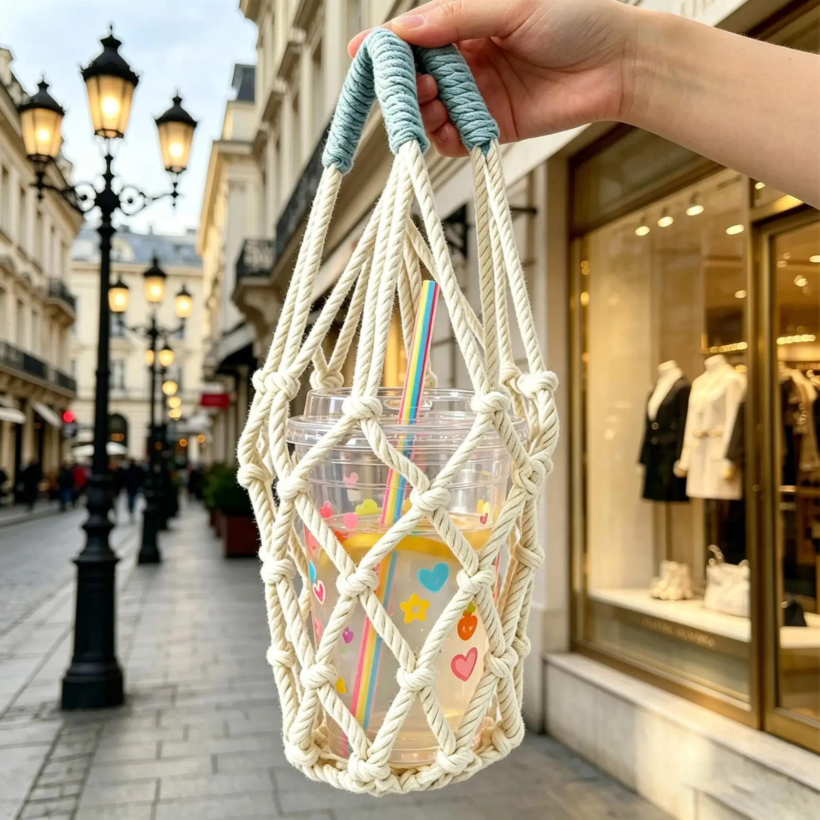 Water Bottle Pouch Reusable Portable Mesh Handwoven Drink Carrier Bag for Shopping Work Travel Daily Commuting Outdoor Camping
