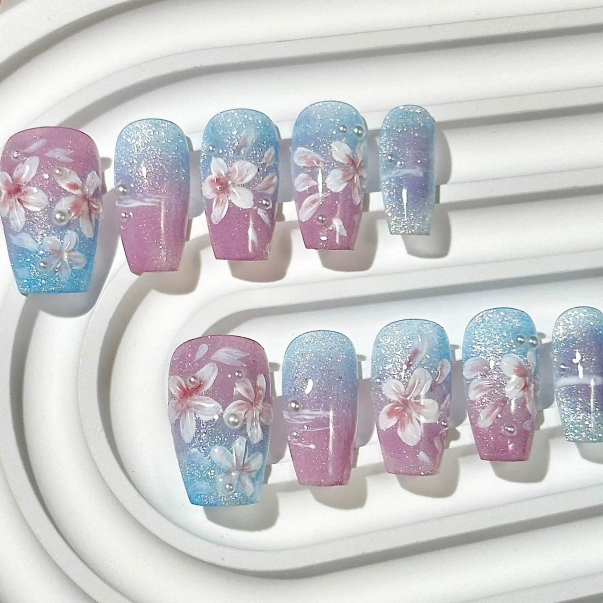 10 Uds. De puntas de uñas marrones hechas a mano, diseño de ojo de gato degradado, uñas postizas de Ballet cortas, purpurina reutilizable, arte de uñas postizas, prensa en las uñas