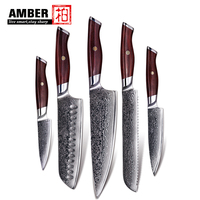 Amberknife 67 Layers VG10 Damascus Steel Chef Santoku Bread Utility Paring Kitchen Knife Set with Sandal wood Handle