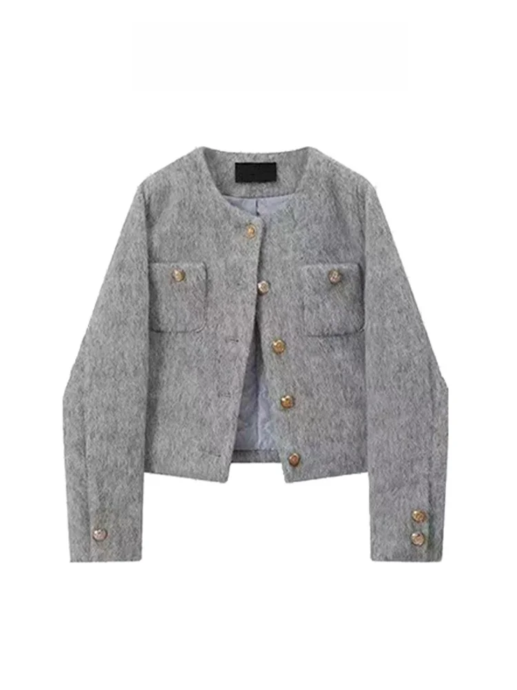 

ay Woolen Coat Women's ort Thi Autumn Winter Hepburn Sle Small Size Lady's Coat Button Design round Ne Long Sve