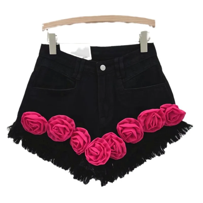 Pink Flower Tassel Denim Shorts Women 2024 Summer Niche Fried Street Slimming Hot Girl A- Line Wide Leg Hot Pants