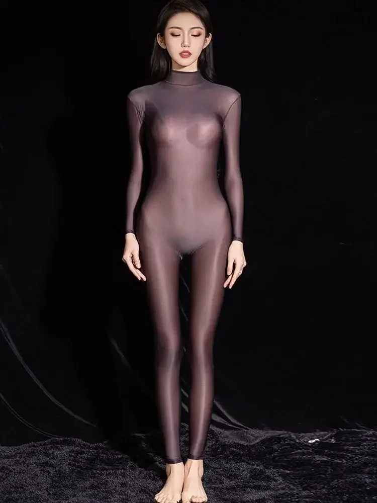 الياقة المدورة عارية الذراعين Catsuit لامعة النايلون بوديستوكينج سلس المنشعب الجوارب يوتار الملتصقة مثير ملابس داخلية شفافة Unitard