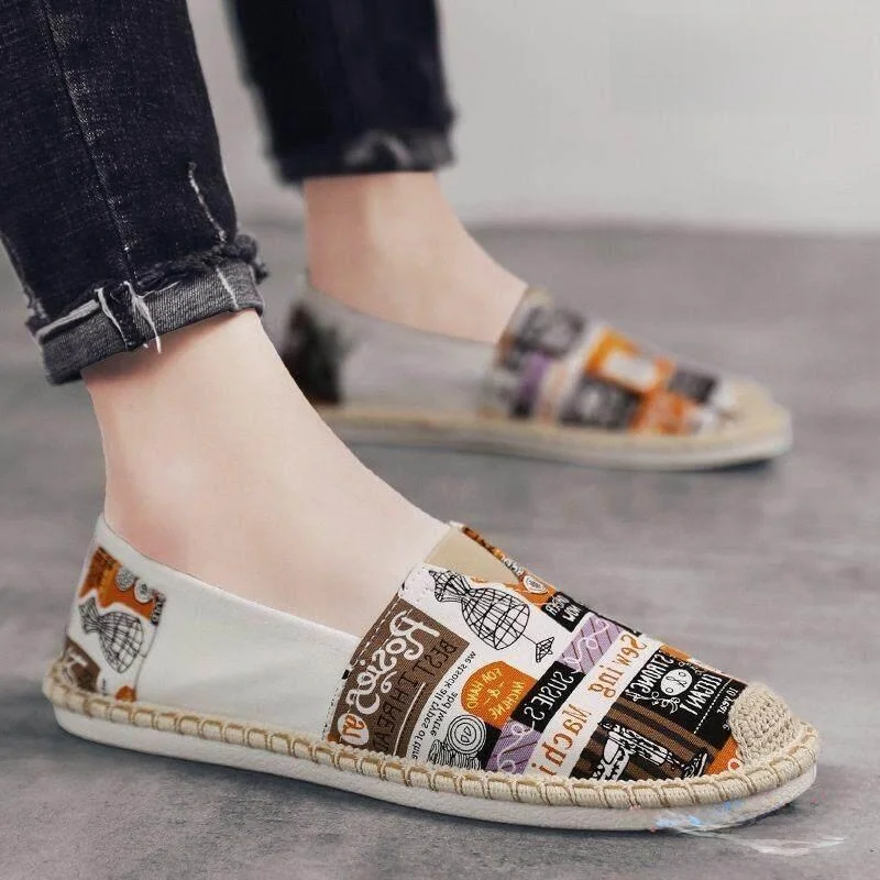 Men's Summer Canvas Shoes Breathable Grass Woven Linen Fishing Boat Slip-On Soft Bottom Lazy One-Touch Casual Shoes