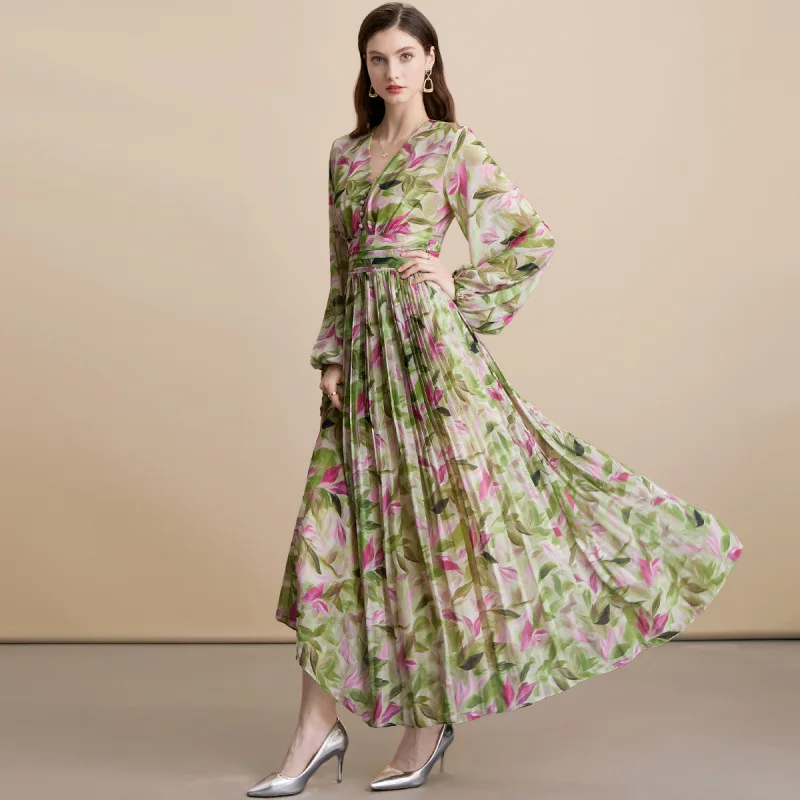 تنورة طويلة من Ele V-Ne مطبوعة بالورود Dr للتخسيس بخصر عالٍ، تنورة طويلة من نسيج البوليستر على الشارع Sve Maxi Dr للنساء