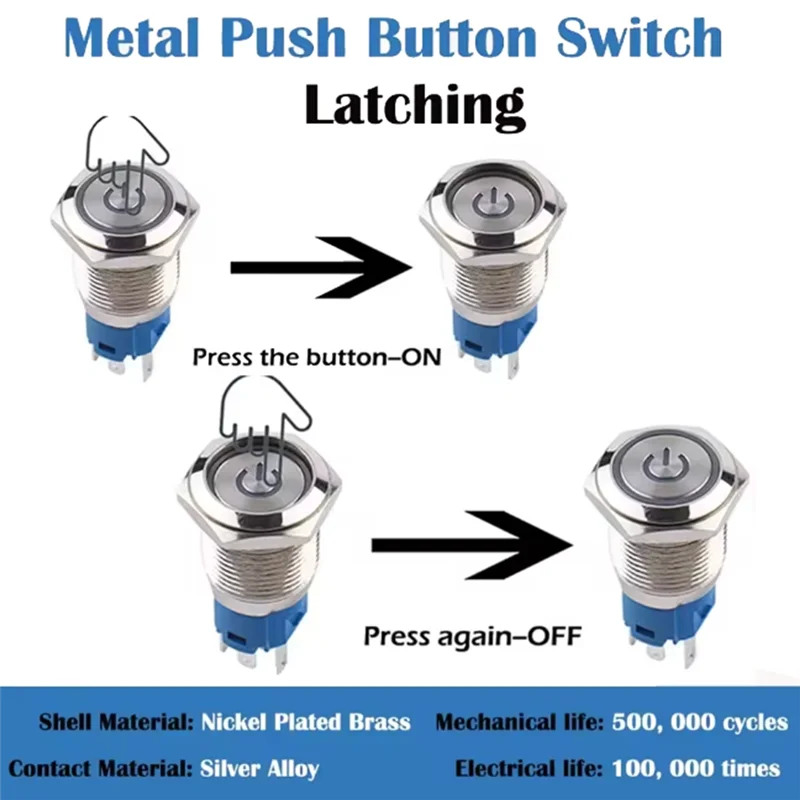 

TFTP-16Mm Metal Latching Push Button Switch Waterproof Anti-Vandal Silver Shell For 5/8" Mounting Hole