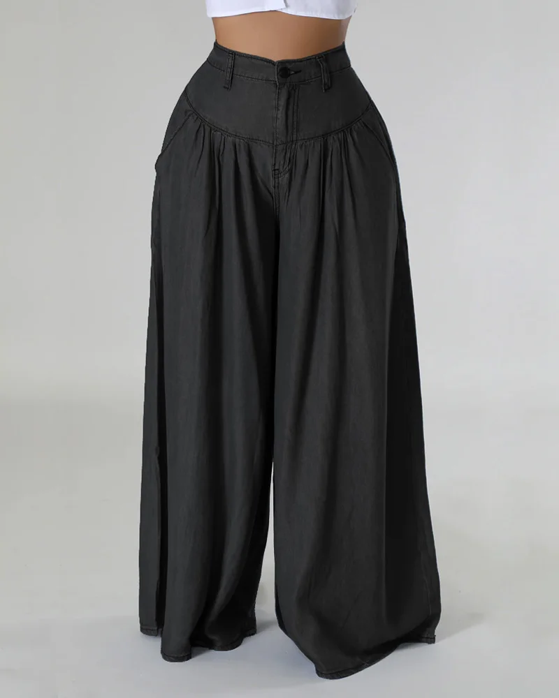 Pantalones acampanados plisados de pierna ancha para mujer, sueltos de Vaqueros cintura alta, informales, Color sólido, Y2k, 2024