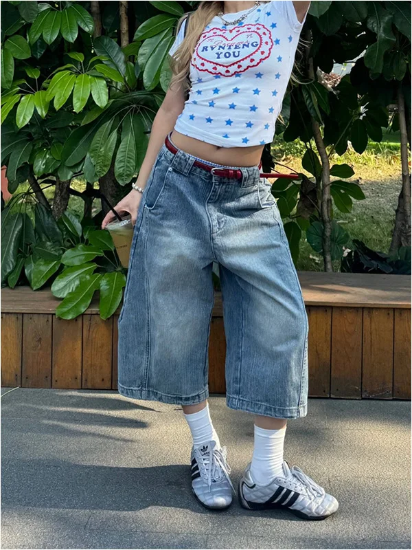 Retro Knife  Wide Leg Straight Cut Jeans Women's Summer Loose Fitting Trousers for Pear Shaped Body High Waist Denim