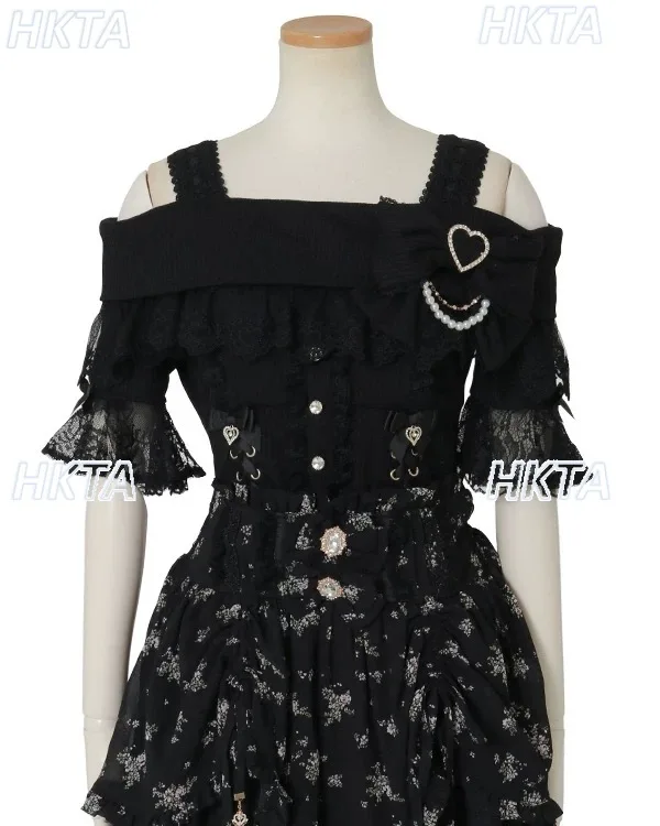 ليز الحلو القوس الكبير التخسيس حزام خارج الكتف التي شيرت فتاة اليابانية لوليتا لطيف الثقيلة الدانتيل المرقعة محبوك تي شيرت السيدات