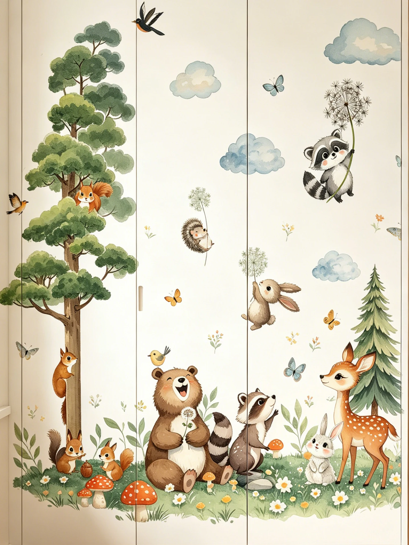Cartoon-Aquarell-Wandtattoos mit Motiven von Wald, Grasland und kleinen Tieren für Wohnzimmer, Schlafzimmer und Kinderzimmer. – Detail 5