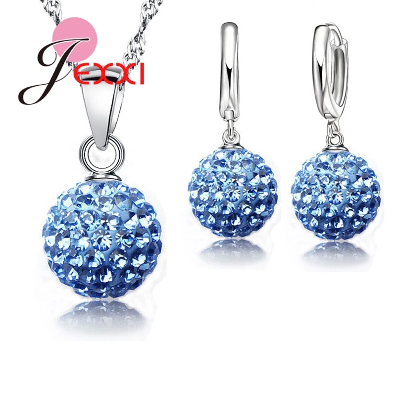 New 10 Color  Jewelry Sets 925 Sterling Silver Austrian Crystal Pave Disco Ball Lever Back Earring Pendant Necklace Woman