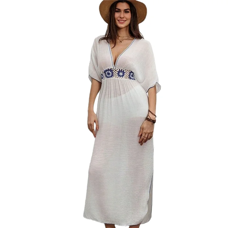 ABRT-فستان ماكسي نسائي مطرز بالزهور، أبيض، فضفاض، رقبة على شكل حرف V