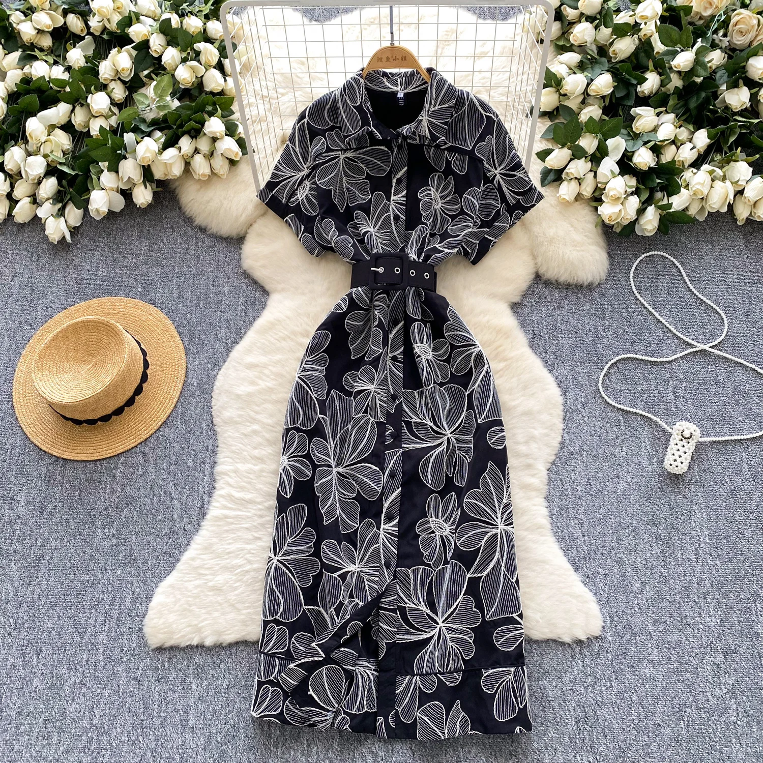 

2025 French Sexy Polo-Neck Button Short Sleeve Print Evening Dress Chic Summer Beach Fairycore Vestidos Vacation Women Clothing