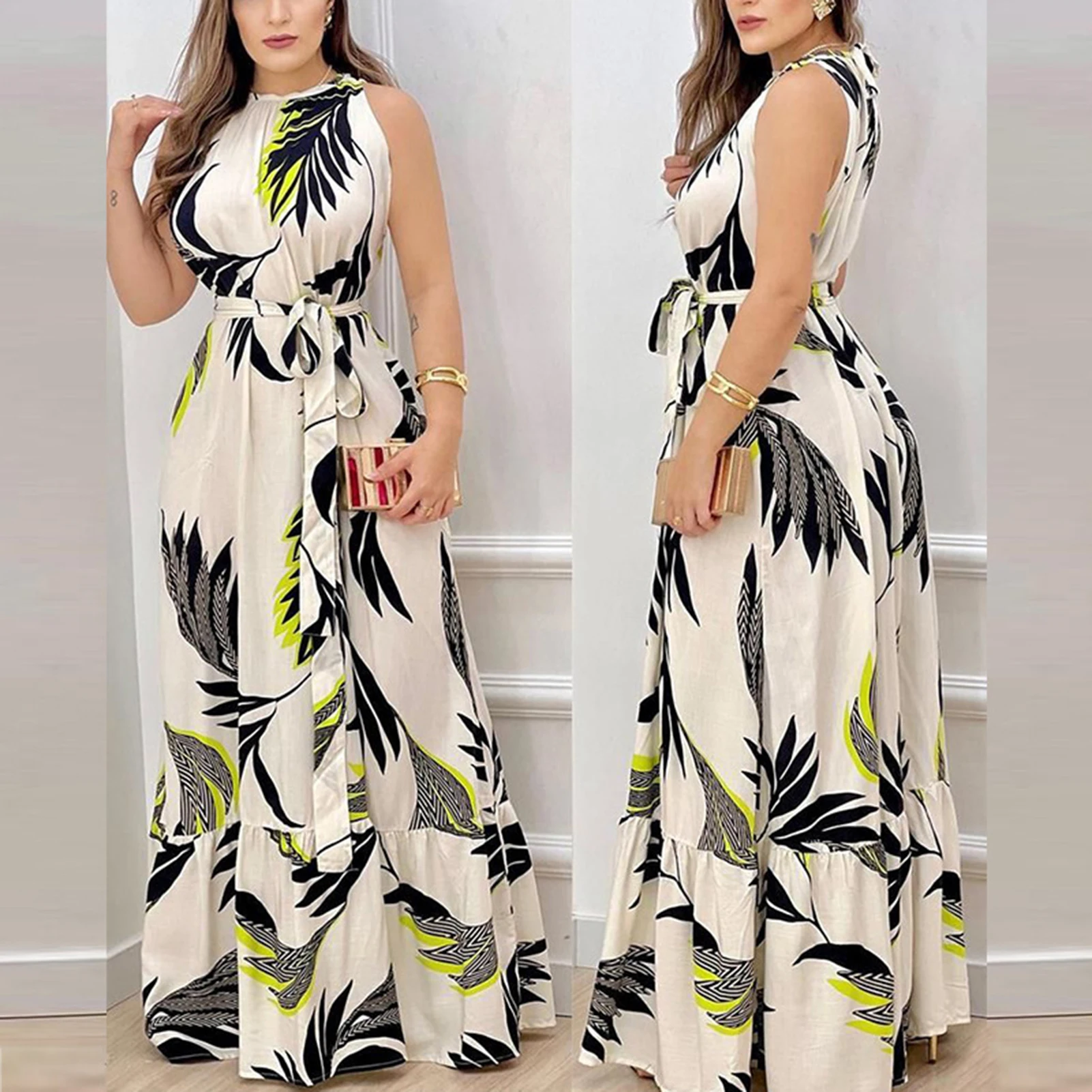 Women's Casual Loose Dress Leaf Print Sleeveless Slim Waist Dresses for Daily Shopping Out NIN668