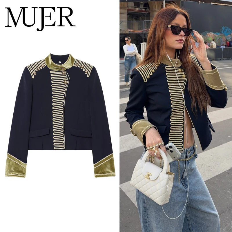MUJER High Neck Bomber Jackets for Women Fireman Clasp Cropped Jacket Woman Velvet Cuff Women's Jacket Long Sleeve New in Coats