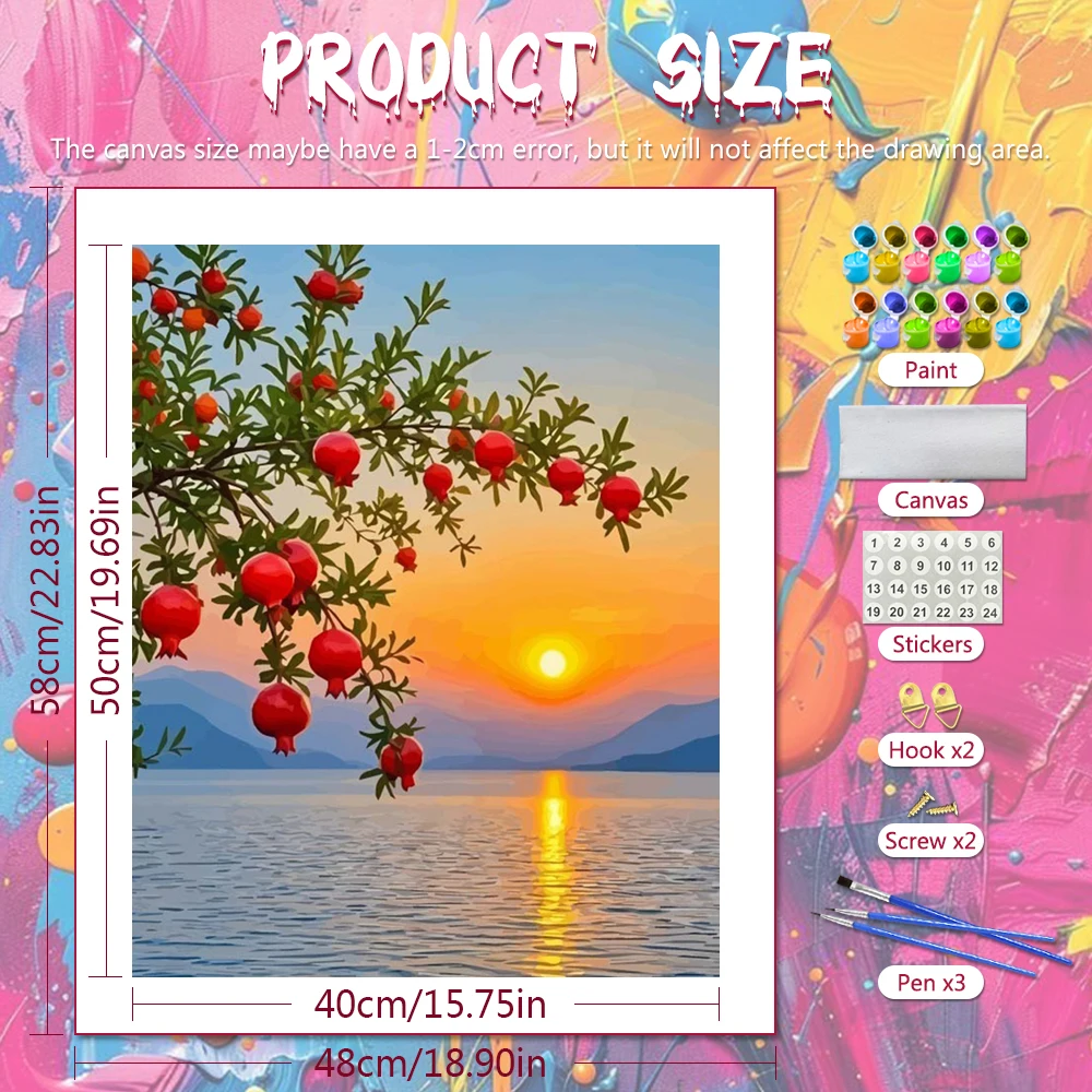 Huacan DIY Oil Painting By Numbers Pomegranate Paint By Number Sunset Lake Digital Oil Painting Scenery Landscape Unique Gift