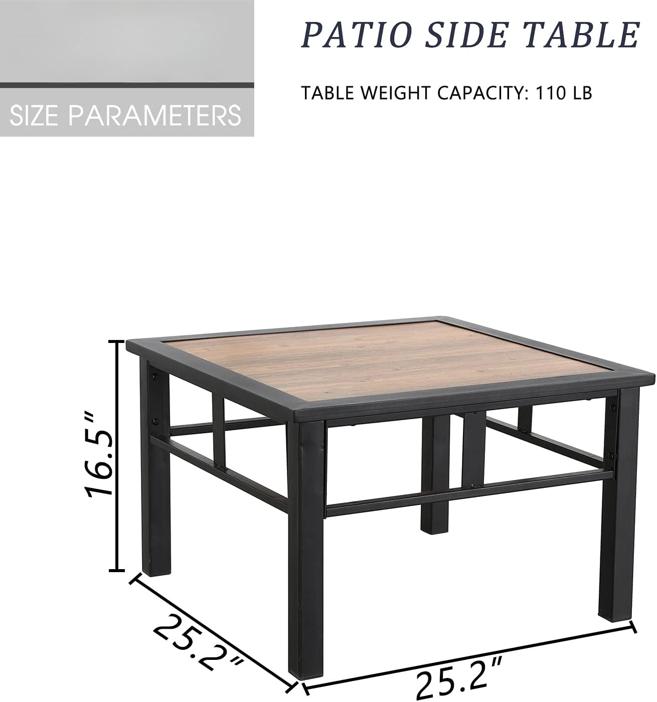 Patio Coffee Table Square Metal Table with Wood Grain Tabletop All Weather Outdoor Furniture