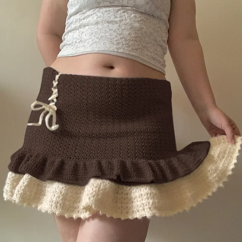 

FDEY Sweet Slim Fit Pleated Skirts Young Casual Fall Clothes New Contrast Color Bandage Ruffles Knitwear Mini Skirts For Girls