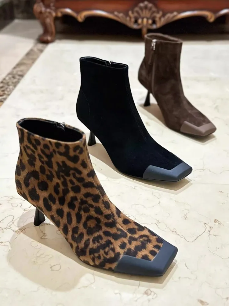 Fashion Women Square Toe Thin Heels High Top Modern Shoes Zipper Leopard Real Suede Leather Ankle Boots Ladies Office Work Shoes