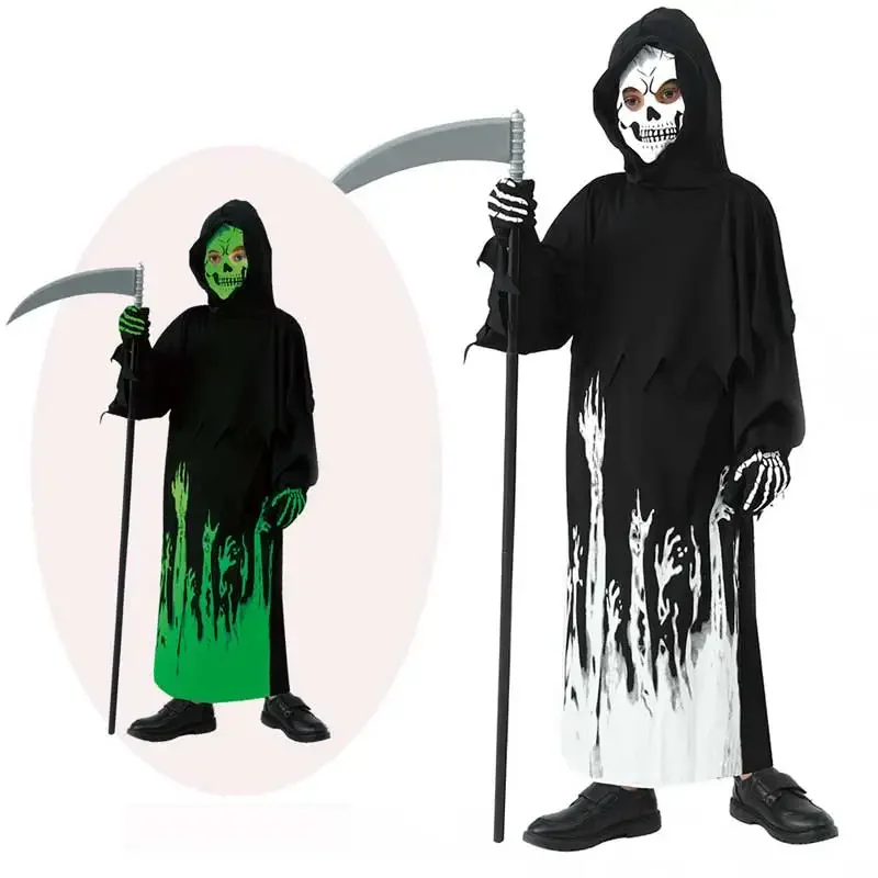 Childrens Glow in the Dark Luminous Grim Reaper Dress Up Costume With Sickles For Halloween Party