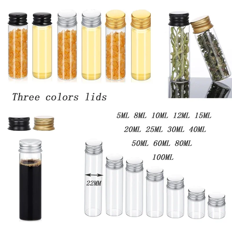 20Pcs 5m-100ml Empty Aluminum Lid Glass Test Tube Bottle Portable Travel Straight Bottle Container Refillable For Party DIY Gift