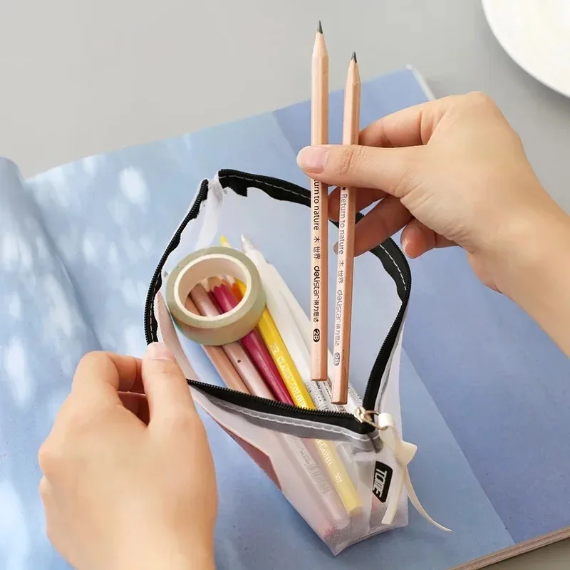 Tempat pensil transparan, kantong pensil jala untuk anak perempuan hadiah perlengkapan sekolah kantor alat tulis lucu ritsleting tempat pensil tas kosmetik