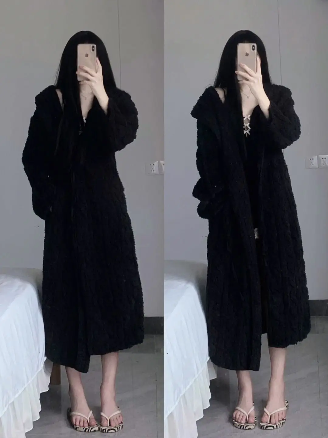 Coral Fleece Black Nightdress Women Winter Sweet Princess Sleepwear Bathrobe Thicken Flannel Pajamas Hooded Women Homewear Dress