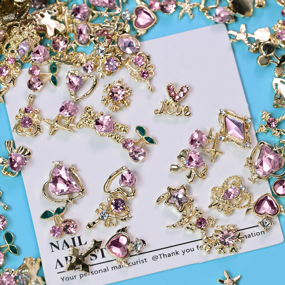 30Pcs Mixed Luxury Pink Heart Rhinestone Nail Charms Gold Alloy Pink Crystal Nail Art Decorations DIY Luxury Pink Nail Gem