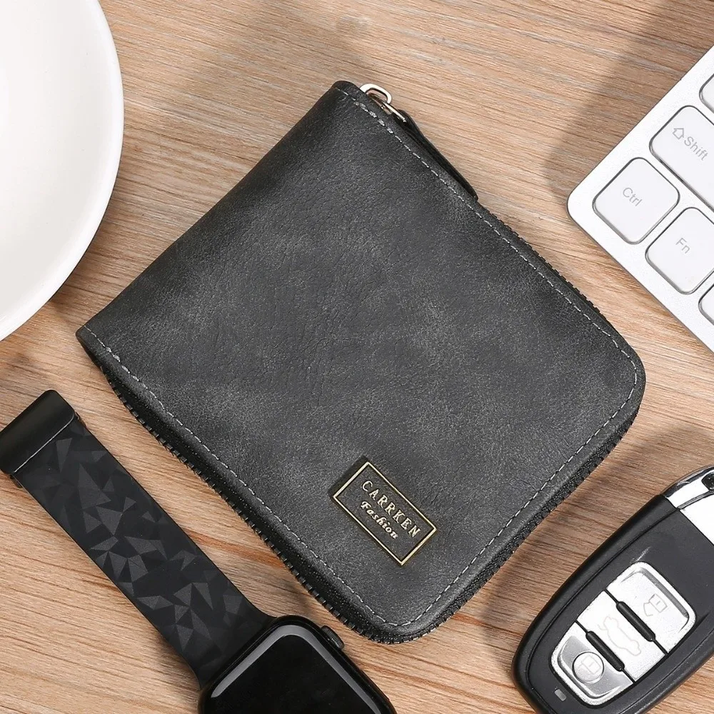 محفظة رجالية قصيرة كاجوال متعددة المواضع بسحاب رفيع من جلد البولي يوريثان محفظة للعملات المعدنية بسعة كبيرة وحامل بطاقات متعدد الوظائف يوميًا