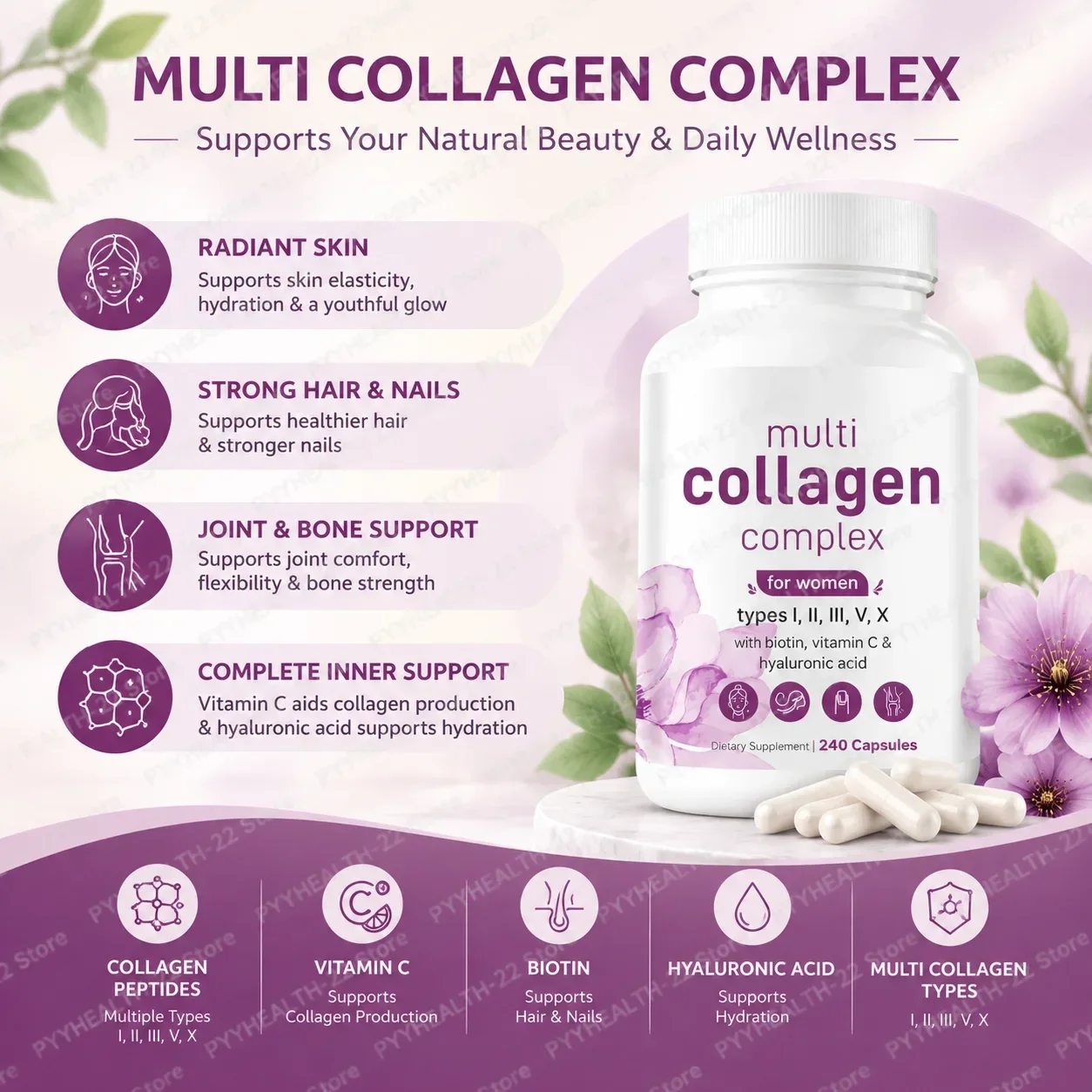 Multi Collagen Complex Capsules,Skin Elasticity, Strong Hair & Nails Joint Flexibility, Types I II III V X Biotin, 240 Capsules