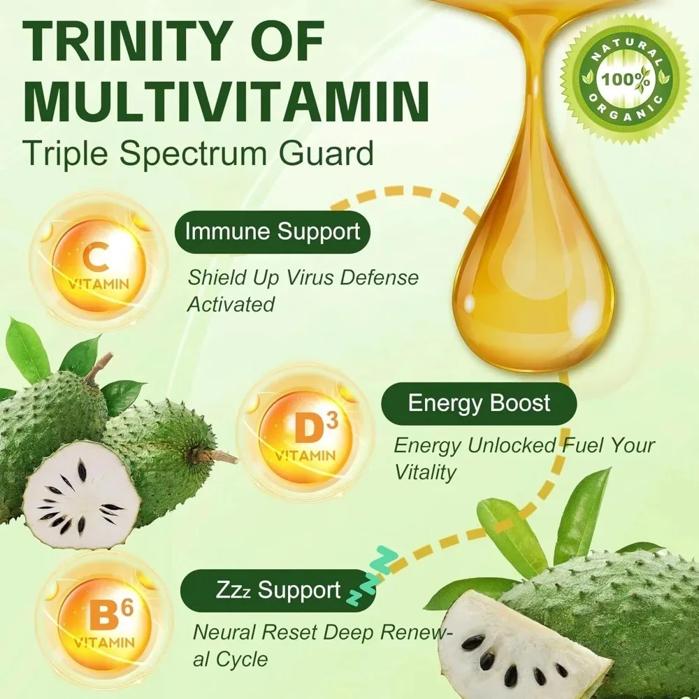 Organic Soursop Multivitamin Liquid Drops 60ml Soursop 10:1 Vitamins B6 C D Vegan Gluten GMO Free Lab Tested Daily Wellness