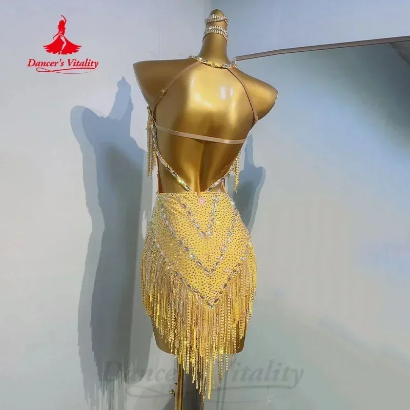 Latin Dance Performance Costume for Women High-end Custom Luxury Full Diamond Tassel Backless Dress Girls Competition Dresses