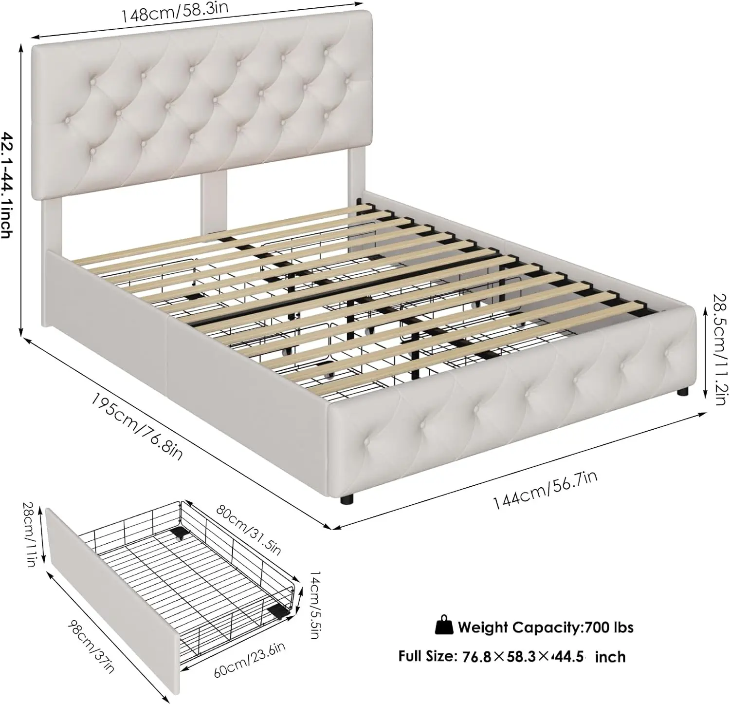 Full Size Bed Frame with 4 Storage Drawers and Adjustable Headboard, Upholstered Platform Bed with Button Tufted Design