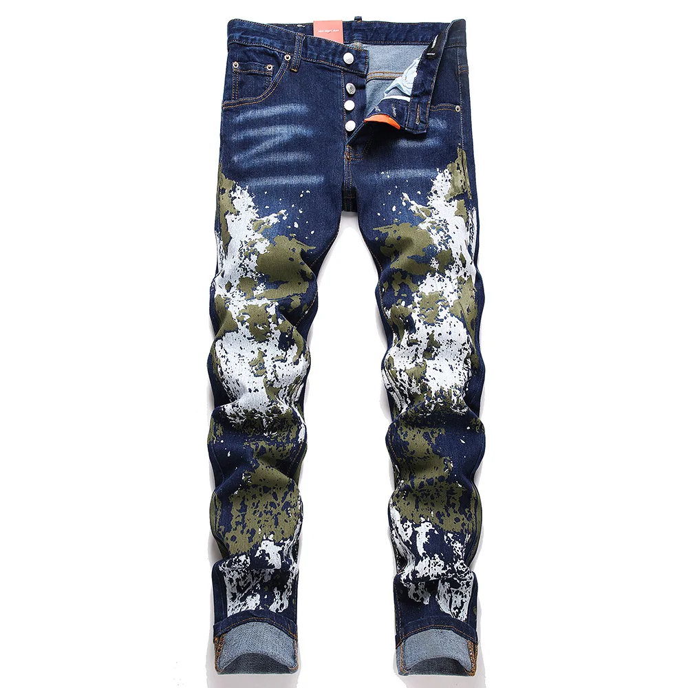 Men Painted Stretch Denim Jeans Streetwear Slim Tapered Pants Button Fly Blue Cotton Trousers