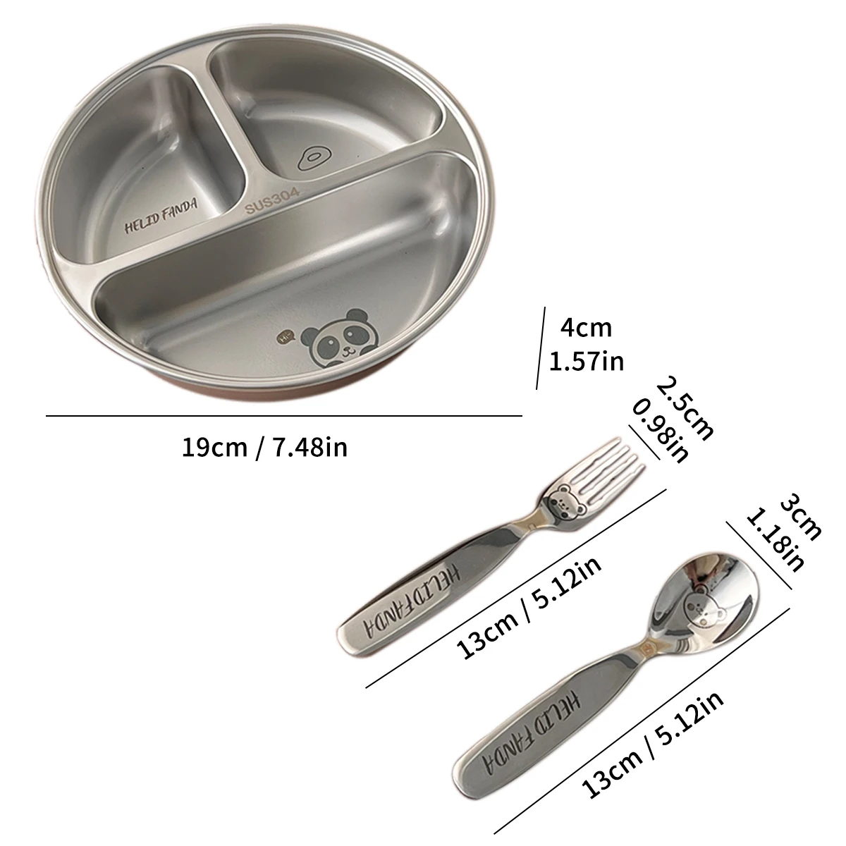 WORTHBUY Round 304 Stainless Steel Dinner Plate 3 Compartments Food Plate Tray Kitchen Food Container Cute Divided Dining Plate