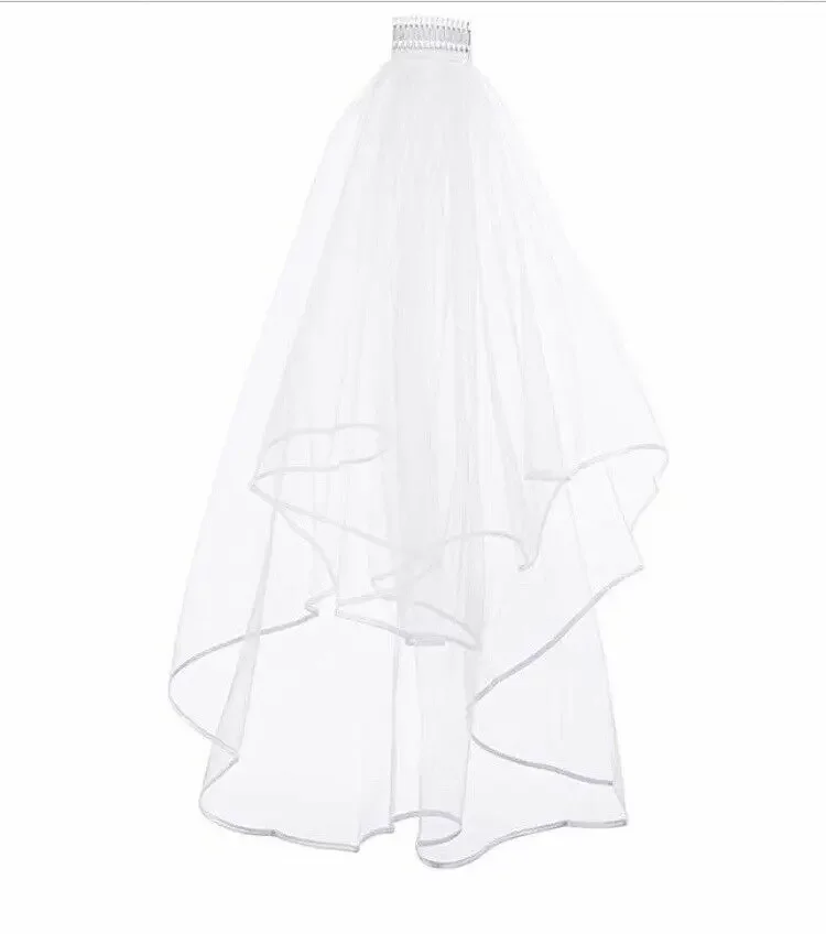 White 2 Tier Wedding Veil Bride To Be Hen Party With Comb Ribbon Edge