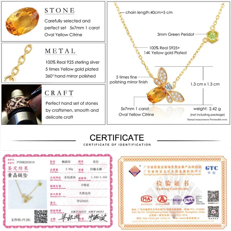 YISON Bee 925 Sterling Silver Women's Necklace Natural Citrine Gemstone Necklaces 14K Gold Plated Chain Pendant Jewelry Gift view 5