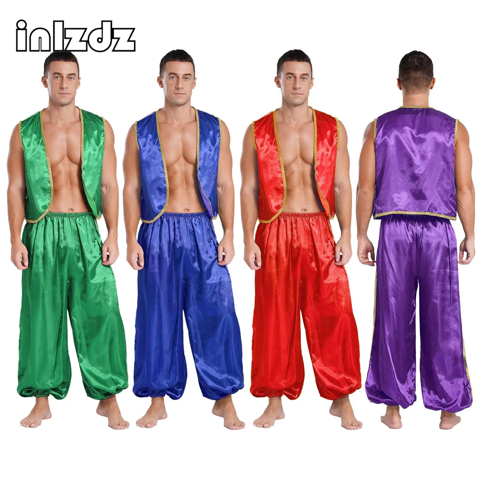 

Mens Halloween Arabian Prince Costume Gold Trim Satin Vest Waistcoat+Pants Outfit for Carnival Fairytales Cosplay Belly Dance