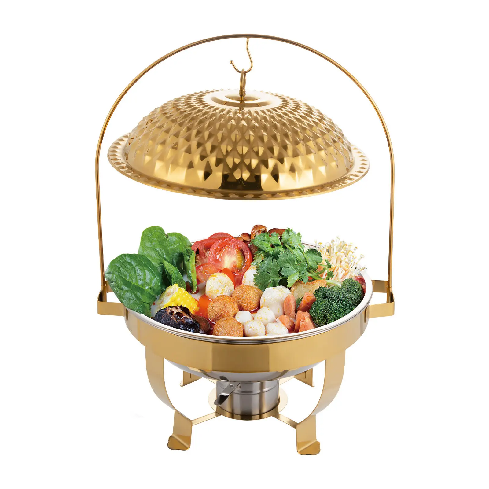 

6L/6.3QT Round Chafing Dish W/ A Hanging Lid Stainless Steel Warming Tray Gold