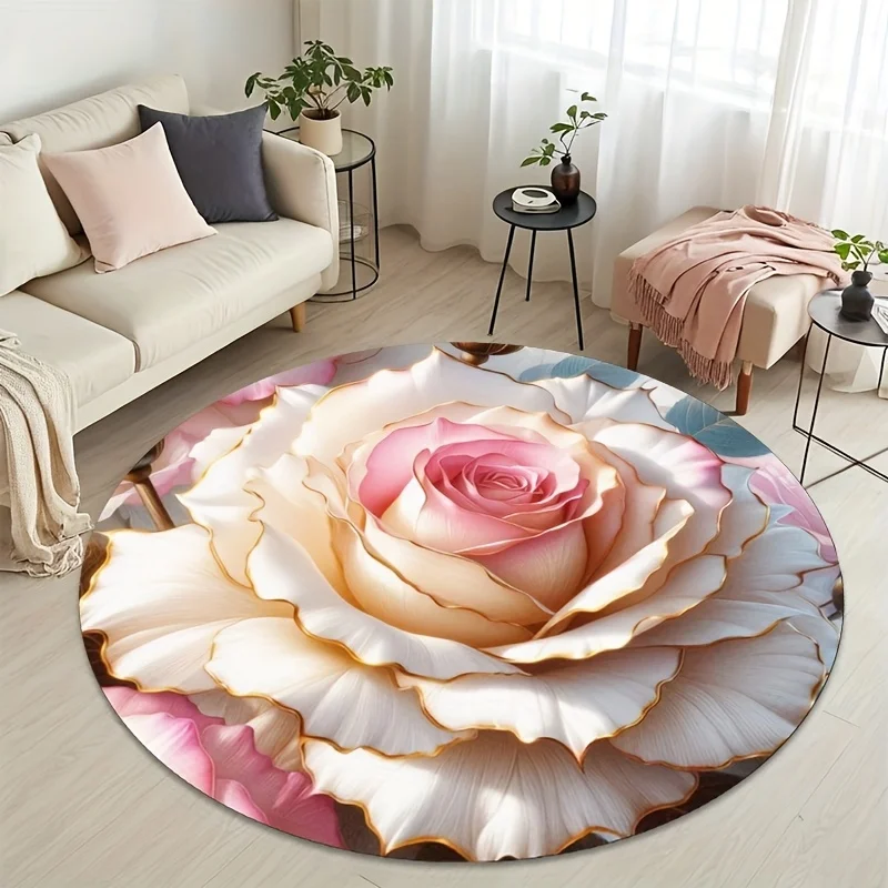 Luxury 3D Golden Rose Round Super Soft, Durable Polyester Fiber, Machine Washable Perfect For Room, Bedroom, Bathroom, Terrace -