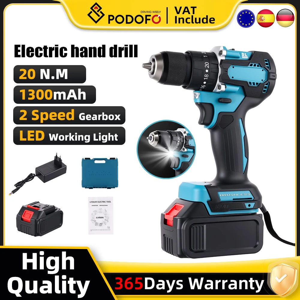 Podofo 21V Trapano a batteria Motore senza spazzole Punte per screening 1350RPM Trapano a percussione elettrico per Makita Strumento elettrico a batteria