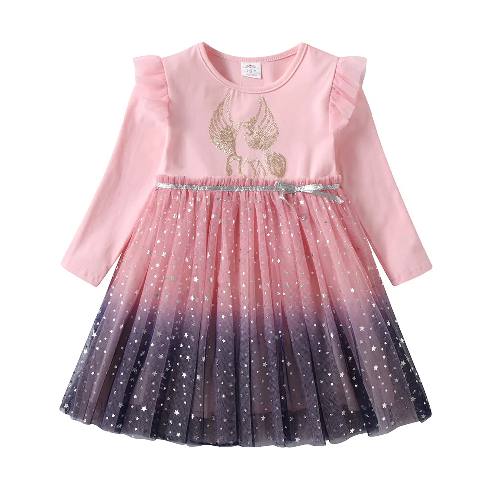 DXTON Girls Sequined Dresses Children Cartoon Print Dress Long Sleeve Birthday Party Dress Toddlers Girls Tulle Princess Dresses