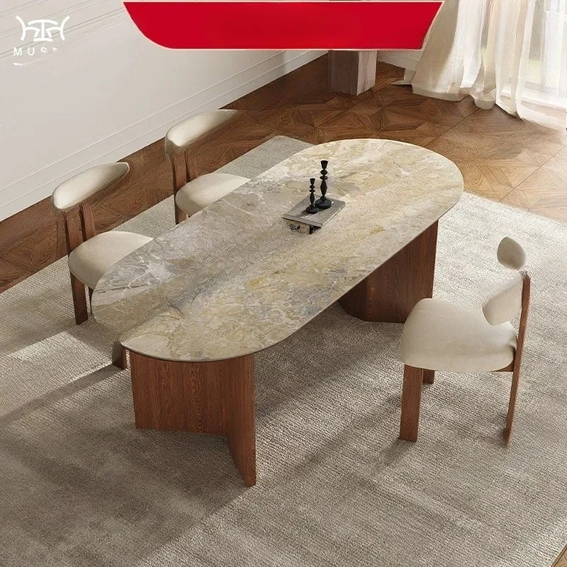 retro solid wood rock slab dining table and chair combination simple oval designer dining table