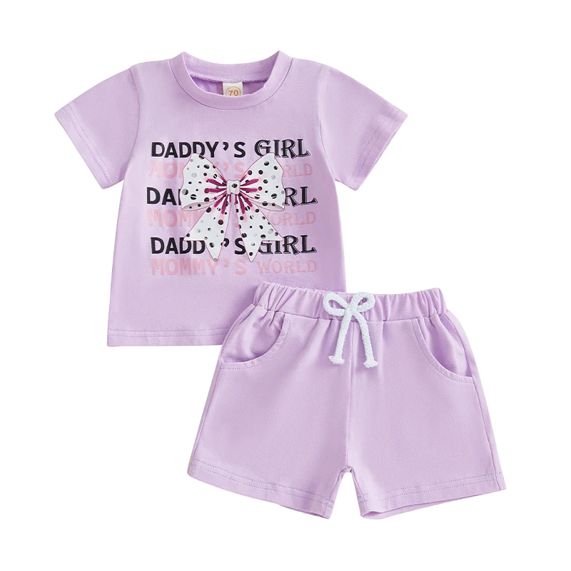 Conjunto de pantalones cortos para bebé y niña, camiseta de manga corta con estampado de letras y lazo, pantalones cortos de cintura liso elástico, traje de verano de 2 piezas