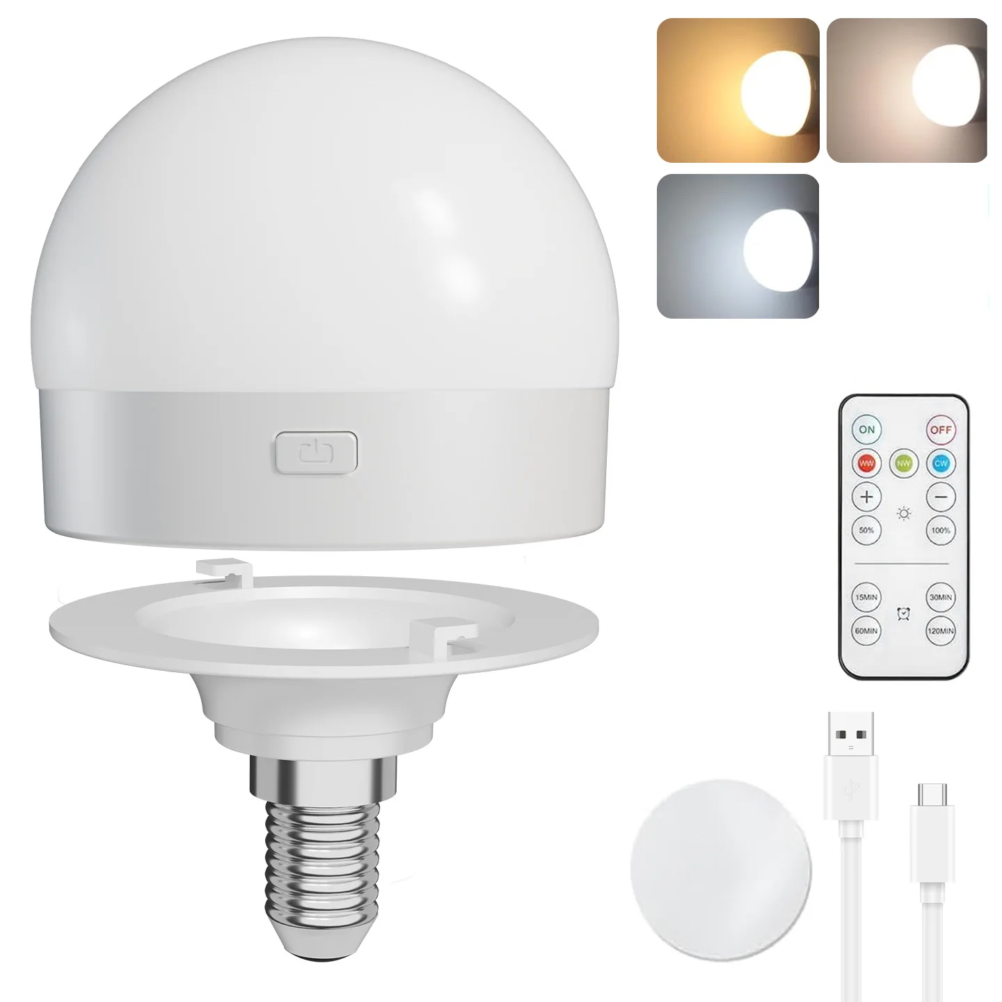 USB Rechargeable Light Bulbs E26/E27 Socket (Magnetic Detachable) &Remote Control Dimmable＆Timer Emergency Puck Lamp Wall Sconce