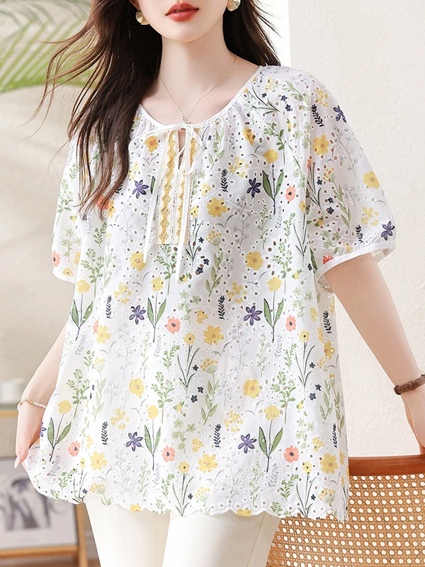 

Stylish Embroidered Hollow out Loose Short Sleeve Shirt Summer New Arrival plus Size Women's Casual round Neck Top