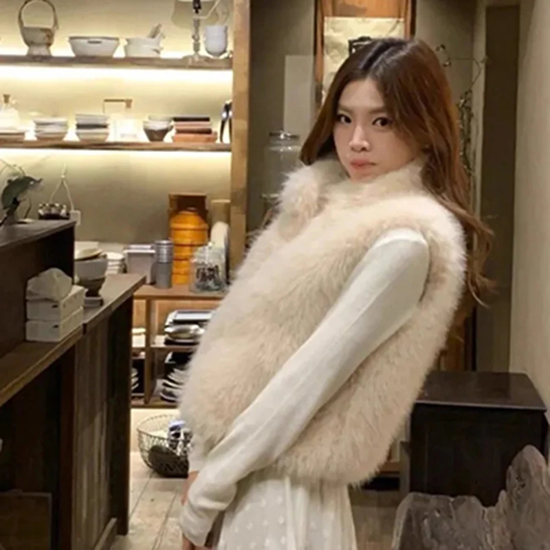 المرأة فو الثعلب الفراء سترة أنيقة الشتاء سميكة الدافئة أكمام معطف رقيق كلاسيكي بسيط عادية الوقوف طوق موضة أبلى