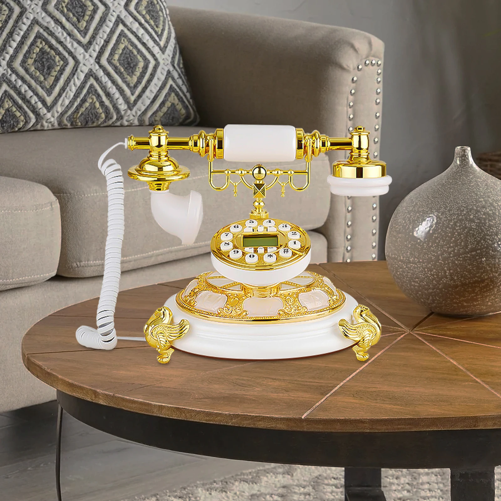 هاتف مكتب ريترو أبيض وذهبي - راتينج + معدن (متين) بدون استخدام اليدين/إعادة الاتصال/تسجيل المكالمات، حجم صغير مثالي لديكور المكاتب المنزلية